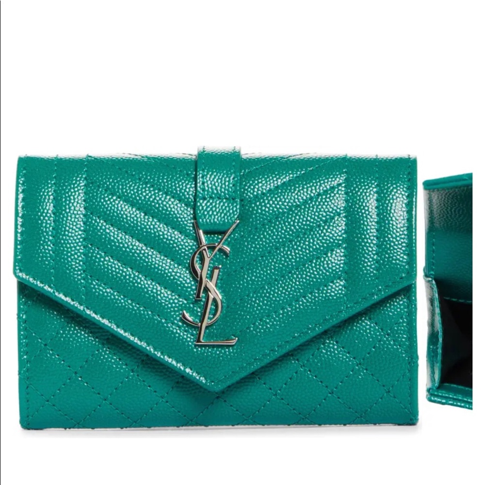 Saint Laurent Teal Quilted Leather Envelope Wallet with YSL Logo